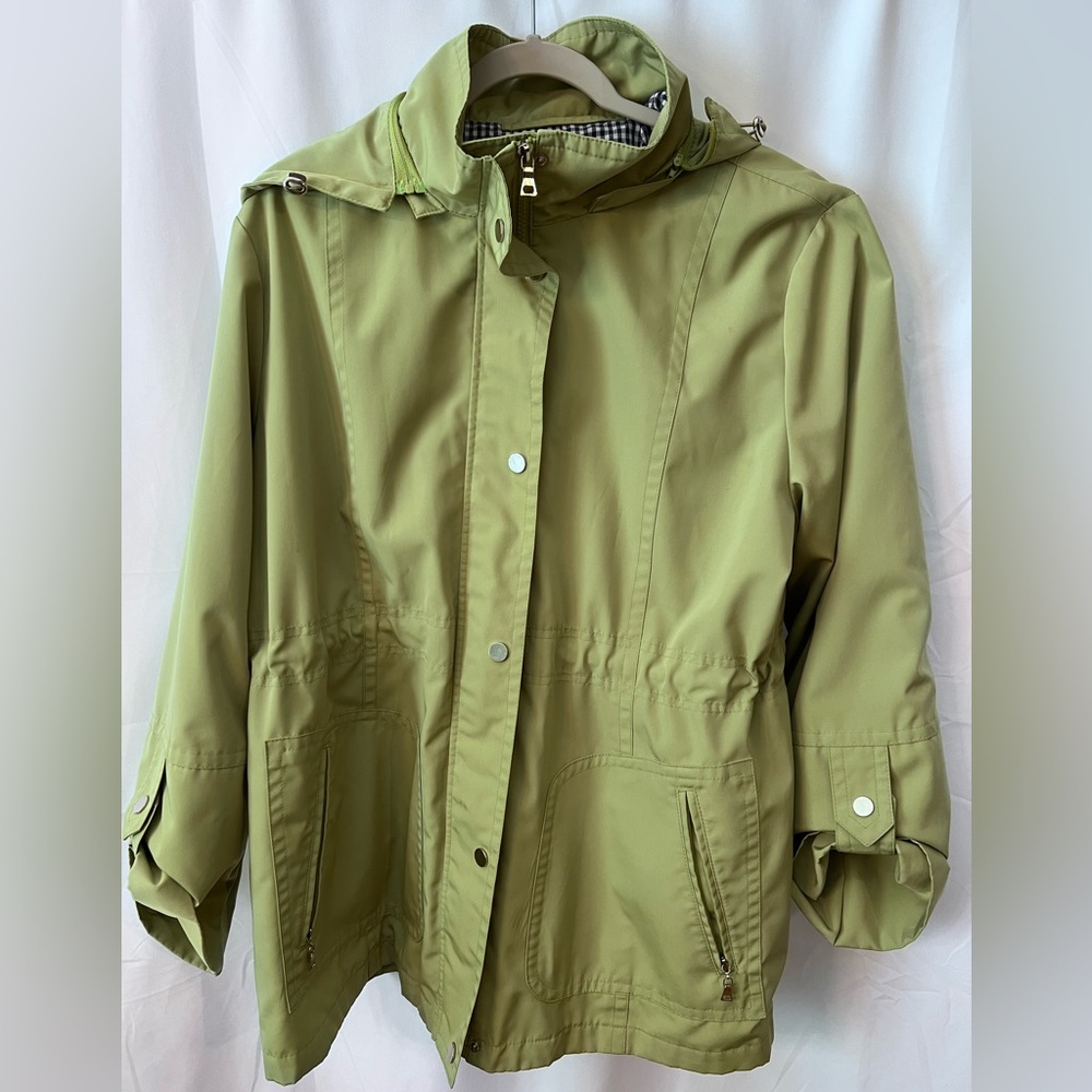 London Fog Sage Green Utility Jacket removable Hood pockets water proof Size XL